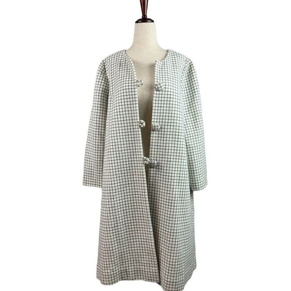 Vintage 60s Wool Plaid Checkered Dress Overcoat Button Front Full Sleeves Lined - Picture 2 of 10